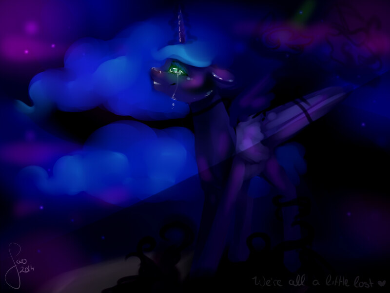 Size: 1400x1050 | Tagged: artist:saoiirse, crying, derpibooru import, moon, night, nightmare moon, princess luna, sad, safe, solo