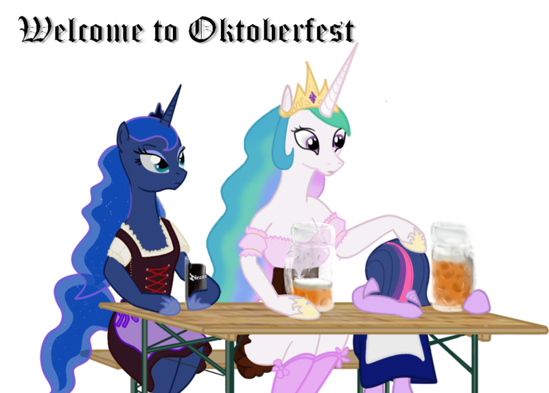 Size: 994x712 | Tagged: alcohol, anthro, artist:ledaverix, beer, clothes, derpibooru import, dirndl, dress, drunk, drunk twilight, oktoberfest, princess celestia, princess luna, safe, semi-anthro, simple background, twilight sparkle