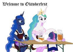 Size: 994x712 | Tagged: alcohol, anthro, artist:ledaverix, beer, clothes, derpibooru import, dirndl, dress, drunk, drunk twilight, oktoberfest, princess celestia, princess luna, safe, semi-anthro, simple background, twilight sparkle