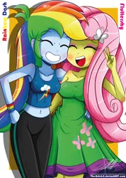 Size: 942x1322 | Tagged: safe, artist:the-butch-x, derpibooru import, fluttershy, rainbow dash, equestria girls, armpits, belly button, clothes, dress, female, flutterdash, friendshipping, hand on hip, lesbian, midriff, nail polish, shipping, tanktop