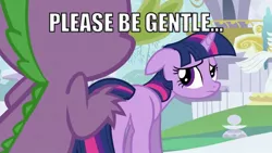Size: 1136x640 | Tagged: suggestive, derpibooru import, edit, edited screencap, screencap, spike, twilight sparkle, dragon, pony, unicorn, butt, caption, female, implied foalcon, implied sex, male, mare, out of context, please be gentle, plot, shipping, straight, twispike