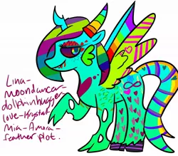 Size: 1280x1120 | Tagged: safe, derpibooru import, oc, oc:lina-moondancer-dolphinhugger-love-krystal-mia-amora-feather plot, unofficial characters only, alicorn, changeling, pony, vampire, alicorn oc, cloven hooves, colored wings, cutie pox, donut steel, freckles, garish, gills, horns, joke oc, multicolored wings, rainbow eyes, rainbow hair, rainbow wings, simple background, solo, stripes, white background