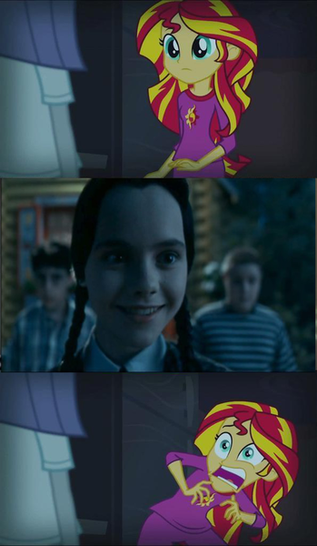 Size: 595x1024 | Tagged: safe, derpibooru import, sunset shimmer, equestria girls, rainbow rocks, exploitable meme, meme, smiling, sunset screamer, the addams family, wednesday addams