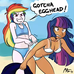 Size: 962x962 | Tagged: artist:megasweet, artist:twizzle, beach, bikini, breasts, clothes, color, derpibooru import, human, humanized, midriff, rainbow dash, suggestive, swimsuit, tankini, towel, twilight sparkle, unamused, wedgie