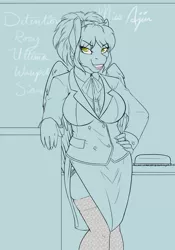 Size: 1862x2666 | Tagged: anthro, artist:phathusa, breasts, chalk, chalkboard, clothes, derpibooru import, eraser, female, lipstick, oc, oc:aijin, partial color, pegasus, solo, stockings, suggestive, teacher, thigh highs, unofficial characters only