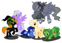 Size: 1675x1150 | Tagged: safe, artist:huski-the-fox, derpibooru import, oc, oc:angel strike, oc:butter pecan, oc:butterscotch pecanne, oc:oceanic, oc:princess arktikos nebulae, oc:princess nebula, oc:soothing herb, oc:spooky pumpkin, unofficial characters only, alicorn, earth pony, pegasus, pony, unicorn, alicorn oc, bow, female, group, hat, mare, pecan, princess, pumpkin, simple background, transparent background, vector, wink, witch hat