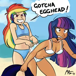 Size: 962x962 | Tagged: artist:megasweet, artist:twizzle, beach, bikini, breasts, clothes, color, derpibooru import, human, humanized, rainbow dash, suggestive, swimsuit, tankini, tan lines, towel, twilight sparkle, unamused, wedgie