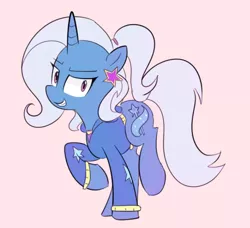 Size: 626x570 | Tagged: safe, artist:lance, derpibooru import, trixie, pony, unicorn, alternate hairstyle, clothes, cutie mark, ear piercing, earring, equestria girls outfit, female, grin, hoodie, hooves, horn, jewelry, looking at you, mare, piercing, pink background, ponytail, raised hoof, scrunchie, simple background, smiling, smirk, solo, teeth