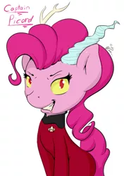 Size: 429x609 | Tagged: artist:krucification, crossover, discord, hybrid, pinkie pie, portrait, pun, q, safe, star trek