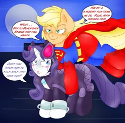 Size: 1860x1825 | Tagged: app-el, applejack, arrested, artist:blackbewhite2k7, carrying, catmare, catwoman, crossover, derpibooru import, flying, hand cuffs, rarity, safe, superhero, superman, supermare