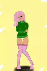 Size: 800x1200 | Tagged: artist:boltmagnet, blushing, breasts, busty fluttershy, clothes, derpibooru import, embarrassed, female, fluttershy, human, humanized, panties, solo, suggestive, sweatershy, underwear