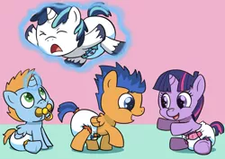 Size: 1024x725 | Tagged: safe, artist:artiecanvas, derpibooru import, flash sentry, shining armor, twilight sparkle, oc, oc:harmony star, alicorn, pony, unicorn, alicorn oc, angry, babies, cute, diaper, diasentres, eyes closed, female, flashlight, foal, madorable, magic, male, open mouth, pacifier, poofy diaper, shining adorable, shipping, smiling, straight, telekinesis, this will end in tears, twiabetes, twimony, unicorn twilight, weapons-grade cute