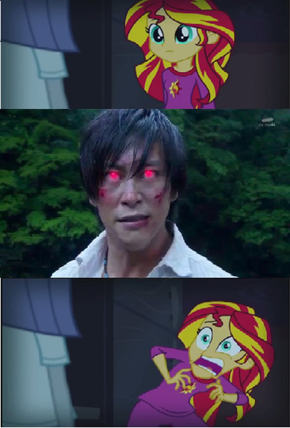 Size: 407x601 | Tagged: safe, derpibooru import, sunset shimmer, equestria girls, rainbow rocks, exploitable meme, femushinu, inves, kamen rider, kamen rider gaim, kota kazuraba, meme, overlord, overlord inves, sunset screamer