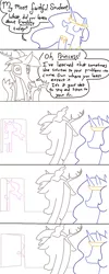 Size: 560x1400 | Tagged: safe, artist:the weaver, derpibooru import, discord, princess celestia, princess luna, alicorn, draconequus, pony, accessory swap, caught, comic, female, funny, male, mare, mocking, quizzaciously, roleplaying, simple background, white background