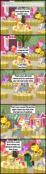 Size: 1024x3824 | Tagged: safe, artist:bronybyexception, derpibooru import, apple bloom, applejack, berry punch, berryshine, big macintosh, braeburn, cheerilee, pinkie pie, oc, oc:fuji apple, oc:uncle buck, earth pony, pegasus, pony, unicorn, ask honest applejack, age difference, cheerimac, comic, female, filly, honesty, mail order bride, male, mare, pointy ponies, shipping, stallion, straight