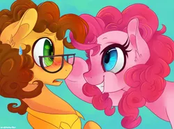 Size: 1764x1306 | Tagged: safe, artist:featherblot, derpibooru import, cheese sandwich, pinkie pie, blushing, cheesepie, eye contact, female, glasses, looking at each other, male, nervous, shipping, smiling, straight, sweatdrop