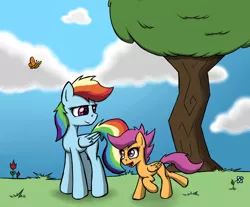 Size: 1024x849 | Tagged: safe, artist:doingthefishstick, derpibooru import, rainbow dash, scootaloo, butterfly, pegasus, pony, cloud, duo, female, filly, flower, grass, grass field, mare, missing cutie mark, nature, pink eyes, purple eyes, sisters, smiling, tree