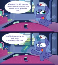 Size: 1920x2160 | Tagged: safe, artist:t-3000, derpibooru import, princess luna, alicorn, pony, ursa minor, bed, bedroom, bipedal, comic, cute, filly, frown, hat, insane troll logic, leaning, levitation, looking up, magic, needle, nurse, nurse hat, open mouth, plushie, pointing, raised eyebrow, s1 luna, smiling, solo, speech bubble, spread wings, syringe, teddy bear, thinking, this will end in tears and/or death, this will not end well, ursa plush, wide eyes, wings, woona, younger