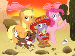 Size: 1000x750 | Tagged: artist needed, source needed, safe, derpibooru import, applejack, pinkie pie, spike, winona, clothes, desert, hat, poncho, sombrero