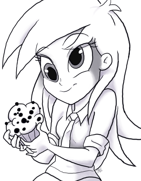 Size: 768x987 | Tagged: source needed, safe, artist:katrina hadley, derpibooru import, derpy hooves, equestria girls, rainbow rocks, monochrome, muffin