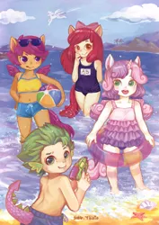 Size: 890x1258 | Tagged: apple bloom, artist:b-tobio, beach, belly button, bikini, clothes, colored pupils, colored skin, cute, cutie mark crusaders, derpibooru import, eared humanization, horned humanization, human, humanized, midriff, one-piece swimsuit, safe, school swimsuit, scootaloo, spike, sweetie belle, swimsuit, tailed humanization, tan lines, winged humanization, wings