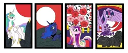 Size: 1000x414 | Tagged: safe, artist:orca, derpibooru import, princess cadance, princess celestia, princess luna, twilight sparkle, twilight sparkle (alicorn), alicorn, pony, alicorn tetrarchy, card, female, hanafuda, mare, pixiv