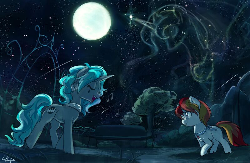 Size: 3447x2243 | Tagged: artist:paradoxbroken, derpibooru import, moon, night, oc, oc:teary choir, princess luna, safe, scenery, singing