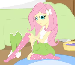 Size: 1024x878 | Tagged: safe, artist:katrittaja, derpibooru import, fluttershy, equestria girls, :o, bed, boots, clothes, dressing, dressup, looking at you, open mouth, room, socks, solo, surprised, wide eyes