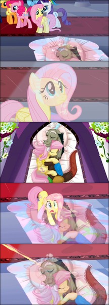 Size: 1144x3193 | Tagged: safe, artist:mysticalpha, derpibooru import, edit, edited screencap, screencap, applejack, discord, fluttershy, pinkie pie, rainbow dash, rarity, draconequus, earth pony, pegasus, pony, unicorn, the return of harmony, bed, cuddling, cute, discoshy, discute, female, funny, male, scared, shipping, smiling, snuggling, stained glass, straight, window