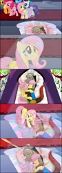 Size: 1144x3193 | Tagged: safe, artist:mysticalpha, derpibooru import, edit, edited screencap, screencap, applejack, discord, fluttershy, pinkie pie, rainbow dash, rarity, draconequus, earth pony, pegasus, pony, unicorn, the return of harmony, bed, cuddling, cute, discoshy, discute, female, funny, male, scared, shipping, smiling, snuggling, stained glass, straight, window