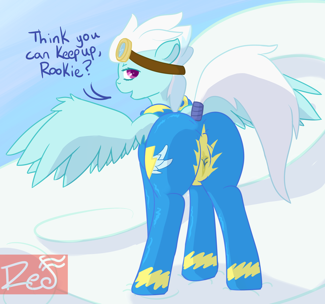 Size: 3000x2800 | Tagged: artist:red note, cameltoe, cloud, cloudy, derpibooru import, dialogue, female, fleetfoot, goggles, latex, looking at you, plot, questionable, solo, solo female, vaginal secretions, vaginal secretion stain, wonderbolts, wonderbolts uniform