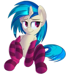 Size: 1073x1209 | Tagged: artist:january3rd, belly button, clothes, derpibooru import, safe, simple background, socks, solo, striped socks, transparent background, vinyl scratch
