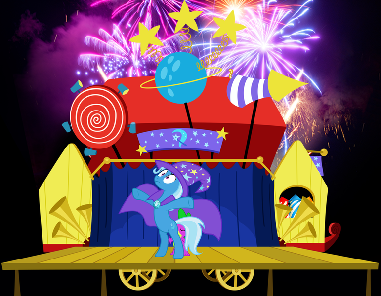 Size: 1800x1400 | Tagged: questionable, artist:feitaru, artist:mrlolcats17, derpibooru import, edit, spike, trixie, pony, bipedal, cute, female, fireworks, flank, foalcon, from behind, kissing, love, male, plot, shipping, spixie, stage, straight, vector, wagon