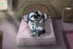 Size: 500x333 | Tagged: safe, artist:marsminer, derpibooru import, oc, oc:frost bright, oc:frost stormwind, unofficial characters only, pony, unicorn, bed, commission, crepuscular rays, cuddling, eye contact, gay, male, side, smiling, snuggling, window