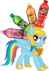 Size: 989x1433 | Tagged: safe, derpibooru import, edit, rainbow dash, armor, doritos, dreamworks face, female, geoff keighley, grin, looking at you, mountain dew, raised eyebrow, simple background, smirk, solo, this isn't even my final form, transparent background, wat