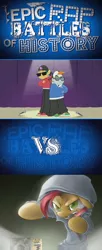 Size: 434x1061 | Tagged: safe, derpibooru import, babs seed, snails, snips, equestria girls, rainbow rocks, babs the rapper, clothes, dj snazzy snails, epic rap battles of history, exploitable meme, hoodie, image macro, mc snips, meme, microphone