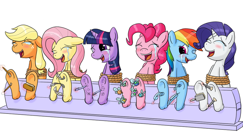 Size: 1100x601 | Tagged: suggestive, artist:placeholder, derpibooru import, applejack, fluttershy, pinkie pie, rainbow dash, rarity, twilight sparkle, twilight sparkle (alicorn), alicorn, earth pony, parasprite, pegasus, pony, unicorn, body writing, bondage, bondage furniture, bound wings, brush, crying, erotic tickling, eyes closed, feather, female, fetish, hoof fetish, hoof tickling, hooves, laughing, mane six, mare, one eye closed, open mouth, paintbrush, rope, rope bondage, simple background, stocks, tears of laughter, tickle fetish, tickle torture, tickling, tied up, tongue out, underhoof, white background, wink