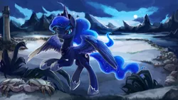 Size: 3200x1802 | Tagged: safe, artist:r0b0tassassin, derpibooru import, princess luna, alicorn, crab, pony, absurd resolution, bipedal, bipedal leaning, blue eyes, cloud, crown, ethereal mane, female, hoof shoes, jewelry, leaning, light, lighthouse, moon, mountain, mountain range, night, plant, regalia, rock, signature, solo, water, wings