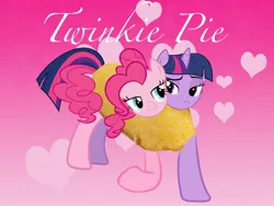 Size: 2048x1536 | Tagged: artist needed, safe, derpibooru import, edit, pinkie pie, twilight sparkle, food pony, original species, bedroom eyes, conjoined, conjoined twins, female, frown, fused, fusion, heart, help us, lesbian, multiple heads, shipping, smiling, stuck, together forever, twinkie, twinkie pie, two heads, wallpaper, we have become one