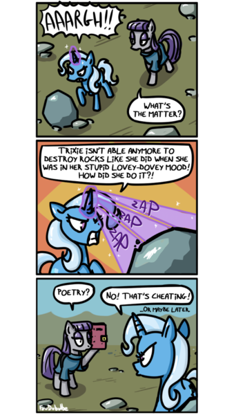 Size: 500x886 | Tagged: safe, artist:foudubulbe, derpibooru import, maud pie, trixie, pony, unicorn, comic:damp rocks, boulder, comic, female, lesbian, magic, mare, mauxie, poetry, shipping