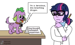 Size: 2152x1308 | Tagged: safe, artist:mkogwheel, derpibooru import, sci-twi, spike, spike the regular dog, twilight sparkle, dog, equestria girls, rainbow rocks, :3, :c, collar, frown, open mouth, paws, pencil, raised eyebrow, simple background, spike's dog collar, tongue out, transparent background, up