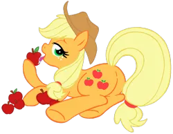 Size: 1024x793 | Tagged: suggestive, artist:jopiter, artist:telasra, derpibooru import, edit, applejack, earth pony, pony, apple, bedroom eyes, drool, female, hoof hold, licking, looking at you, looking back, mare, open mouth, plot, pose, prone, show accurate, simple background, smiling, solo, solo female, tongue out, transparent background, underhoof, vector