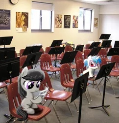 Size: 1017x1047 | Tagged: safe, artist:spacerainbow, derpibooru import, octavia melody, vinyl scratch, earth pony, pony, unicorn, chair, clock, female, filly, foal, glasses, hooves, horn, irl, lesbian, music room, photo, pictures, ponies in real life, ponytail, school, scratchtavia, sheet music, shipping, sitting, stands, vector, younger