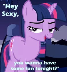 Size: 1868x1991 | Tagged: suggestive, artist:nero-narmeril, artist:slb94, derpibooru import, twilight sparkle, unicorn, bedroom eyes, blue text, bronybait, female, mare, question, raised hoof, solo, text, vector