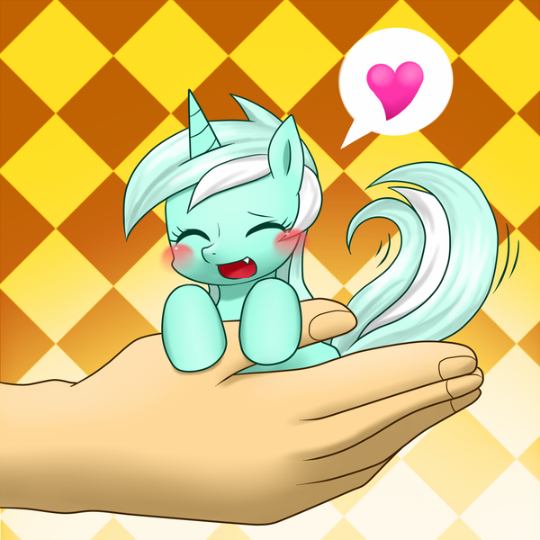 Size: 1000x1000 | Tagged: safe, artist:hashioaryut, derpibooru import, lyra heartstrings, human, pony, unicorn, blushing, cute, cute little fangs, eyes closed, fangs, female, hand, hand fetish, happy, heart, humie, image, in goliath's palm, lyrabetes, pixiv, png, solo, tail wag, that pony sure does love hands, tiny ponies
