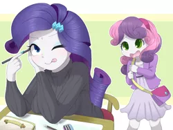 Size: 1200x900 | Tagged: safe, artist:ayahana, derpibooru import, rarity, sweetie belle, equestria girls, clothes, cute, dress, duo, eyeliner, female, one eye closed, purse, sisters, sweater, tongue out, turtleneck