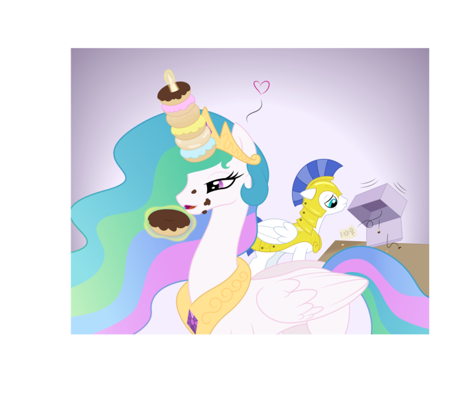 Size: 8059x7179 | Tagged: absurd resolution, artist:auburnborbon, artist:kp-shadowsquirrel, box, cake, cakelestia, colored, derpibooru import, donut, donutlestia, floppy ears, frown, heart, horn, horn impalement, iou, magic, princess celestia, royal guard, safe, telekinesis, the uses of unicorn horns