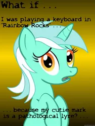 Size: 625x833 | Tagged: safe, derpibooru import, lyra heartstrings, equestria girls, rainbow rocks, conspiracy lyra, cutie mark, exploitable meme, image macro, keyboard, lyre, meme, pun