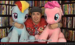 Size: 1097x669 | Tagged: aficionados chris, artist:aficionados chris, derpibooru import, irl, photo, pinkie pie, plushie, rainbow dash, safe, youtube, youtube link