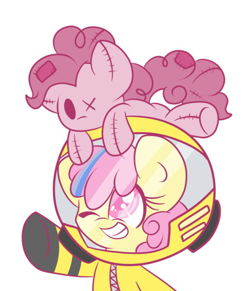 Size: 1665x1981 | Tagged: safe, artist:starlightlore, derpibooru import, pinkie pie, oc, oc:puppysmiles, unofficial characters only, earth pony, pony, fallout equestria, fallout equestria: pink eyes, fanfic, fallout, fanfic art, female, filly, foal, hazmat suit, hooves, ministry mares, one eye closed, plushie, simple background, smiling, solo, teeth, toy, transparent background